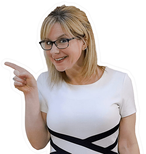 Erin Melton pointing to the left; her right.